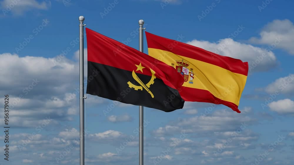 Spain and Angola flags flying together, video concept of the relationship, two country cooperation concept Spain and Angola flags flying together, video concept of the relationship, two country cooperation concept