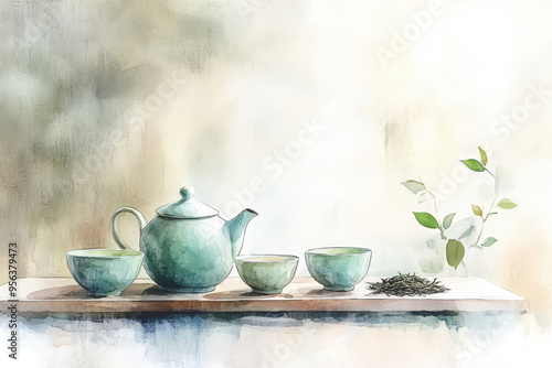 Watercolor painting depicting a traditional japanese tea ceremony set with a teapot, teacups, and tea leaves, evoking tranquility and mindfulness