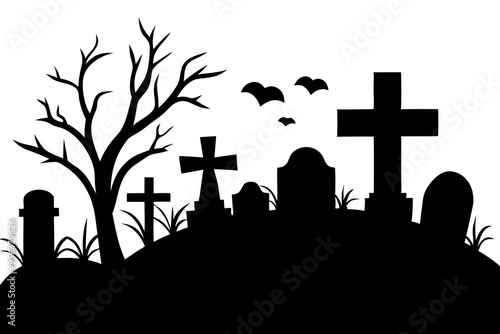 Old cemetery silhouette, abandoned graveyard in Halloween night, vector background. Scary spooky cemetery with graves, gravestones and tombstones with bats on trees and fog mist sky