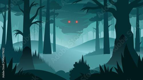 Mysterious Foggy Forest Vector Illustration, Eerie Atmosphere, Dense Woodland, Misty Landscape, Dark and Enigmatic

