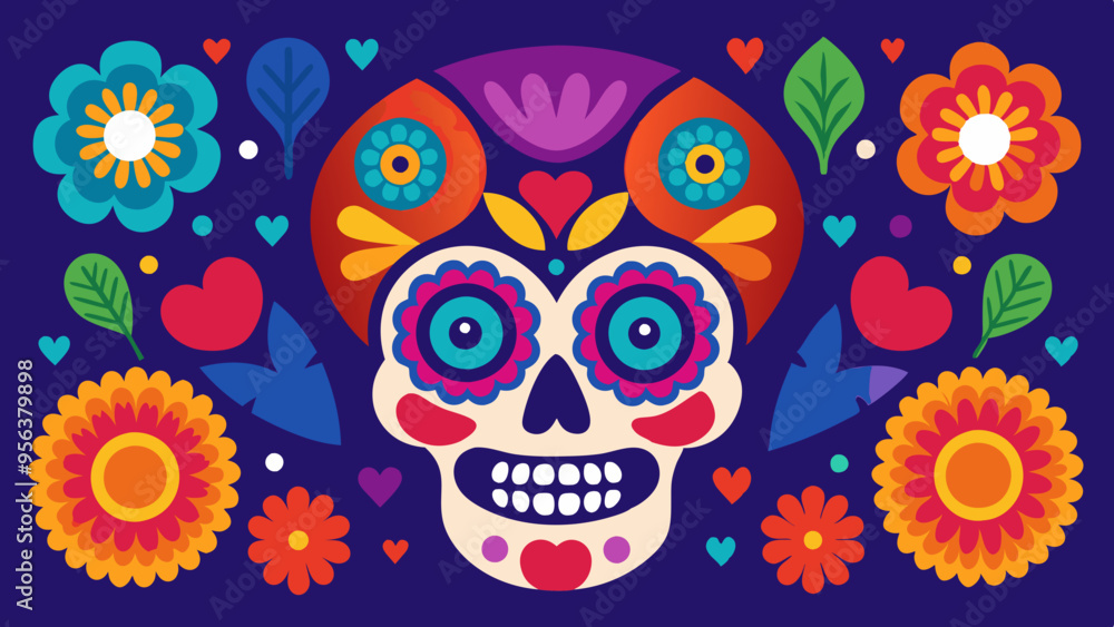 Festive Sugar Skulls and Marigolds Vector Illustration for Day of the Dead Celebration Festive Sugar Skulls and Marigolds Vector Illustration for Day of the Dead Celebration