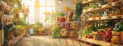 Shopping cart filled with fresh produce in a bright grocery store photo