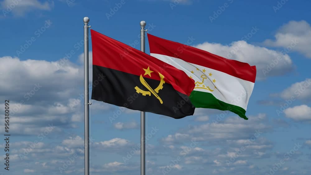 Tajikistan and Angola two flags waving together, video concept of the relationship, two country cooperation concept Tajikistan and Angola two flags waving together, video concept of the relationship, two country cooperation concept