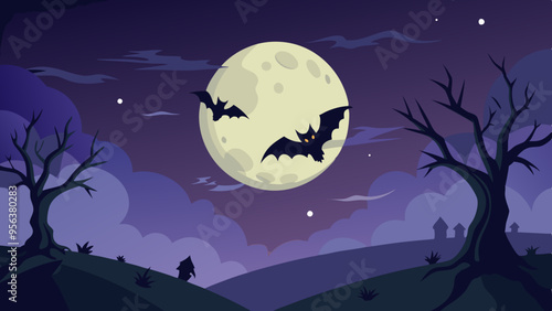 Spooky Night Sky Vector Background: Full Moon and Flying Bats Illustration 