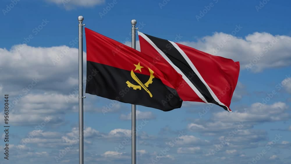 Trinidad and Tobago and Angola flags flying together, video concept of the relationship, two country cooperation concept Trinidad and Tobago and Angola flags flying together, video concept of the relationship, two country cooperation concept