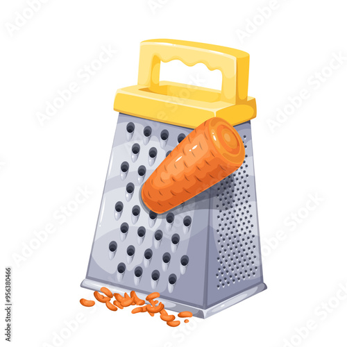 Grating carrot, cartoon vegetable and grater. Fresh tuber cut into small pieces using steel shredder. Cooking process, food ingredient mascot, cartoon grated carrots for salad vector illustration