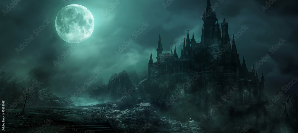 Fototapeta premium The halloween dark castle, game background, Illustration 