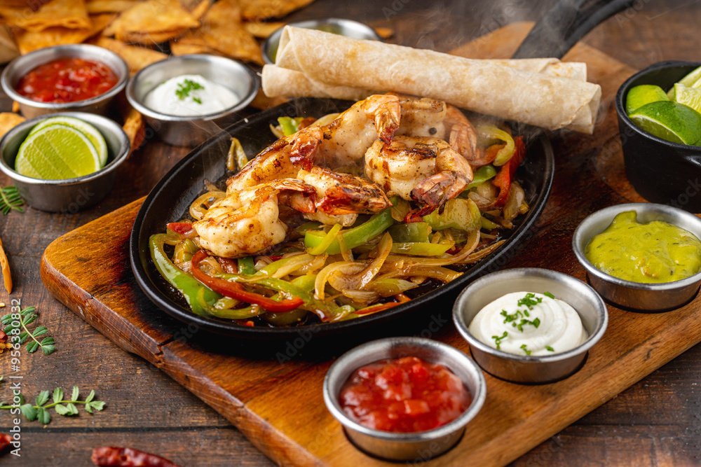 Shrimp fajitas on wooden table with sauces and tortillas on the side Shrimp fajitas on wooden table with sauces and tortillas on the side