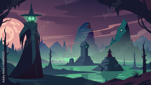 Mysterious Dark Fantasy Landscapes: Digital Art with Eerie Atmosphere and Enigmatic Figures