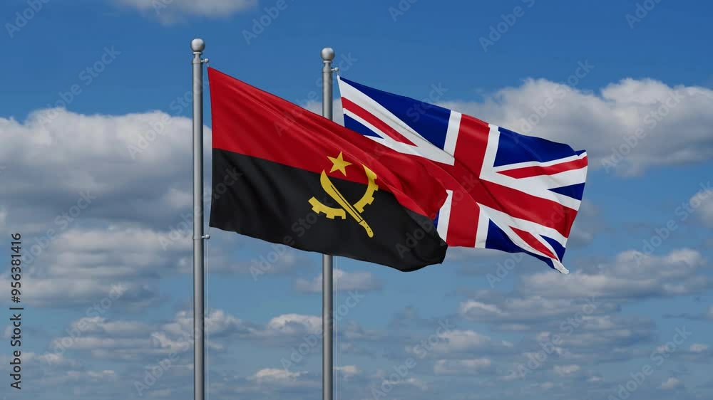 United Kingdom and Angola flags flying together, video concept of the relationship, two country cooperation concept United Kingdom and Angola flags flying together, video concept of the relationship, two country cooperation concept