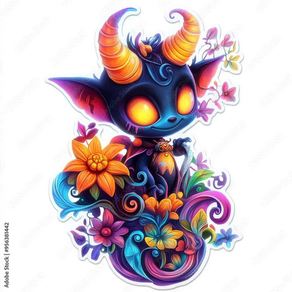 Whimsical 3D Claymation Art: Mischievous Imp in Halloween Costume Surrounded by Colorful Waves and Flowers Whimsical 3D Claymation Art: Mischievous Imp in Halloween Costume Surrounded by Colorful Waves and Flowers
