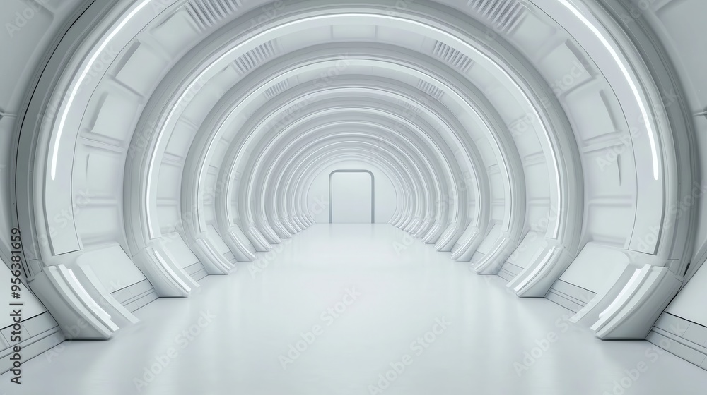 Fototapeta premium Futuristic hallway with curved architecture, bright white walls, and smooth flooring, creating a sleek and modern atmosphere.