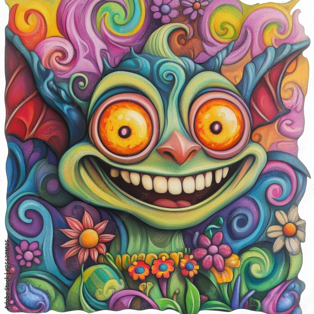 Whimsical Goblin Claymation Sticker with Vibrant Colors and Pastel Waves on White Background - Ultra HD 3D Animation Cartoon Artwork Whimsical Goblin Claymation Sticker with Vibrant Colors and Pastel Waves on White Background - Ultra HD 3D Animation Cartoon Artwork