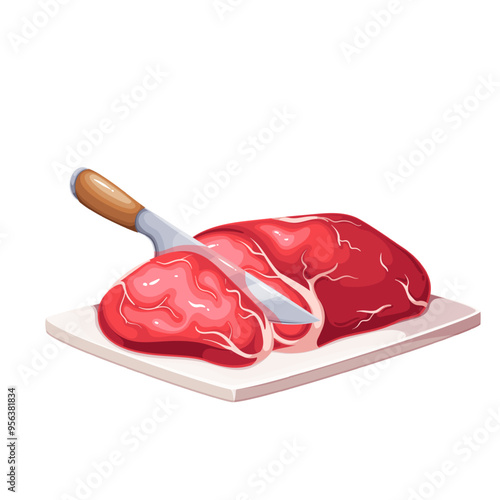 Cut meat into slices with knife on cartoon kitchen board. Cutting raw beef into chops with sharp chefs tool. Cooking, barbecue food preparation mascot, cartoon making meat steak vector illustration