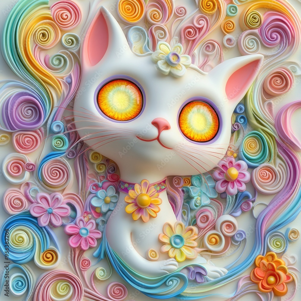 Whimsical Ghost Cat Sticker with Colorful Background | 3D Floating Cartoon Art with Playful Anime Style Whimsical Ghost Cat Sticker with Colorful Background | 3D Floating Cartoon Art with Playful Anime Style