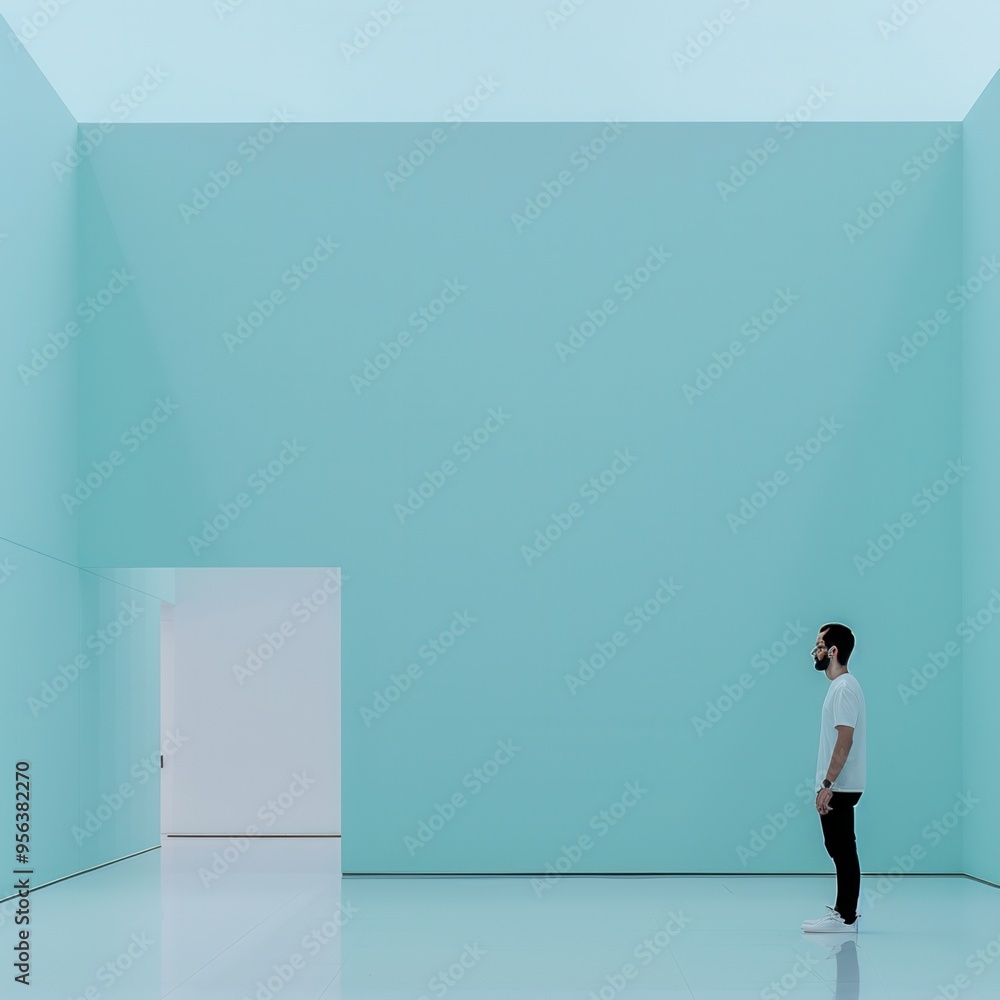 A person stands in a minimalist room with turquoise walls, reflecting solitude and contemplation in a modern design. A person stands in a minimalist room with turquoise walls, reflecting solitude and contemplation in a modern design.