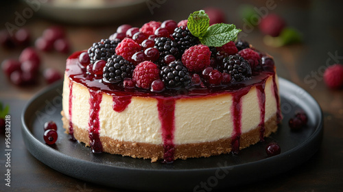 Decadent Cheesecakes: A creamy cheesecake topped with fresh berries and a drizzle of fruit sauce, offering a comforting indulgence.