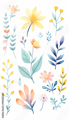 A vibrant collection of floral illustrations featuring various flowers and leaves in soft pastel colors, perfect for any design project.