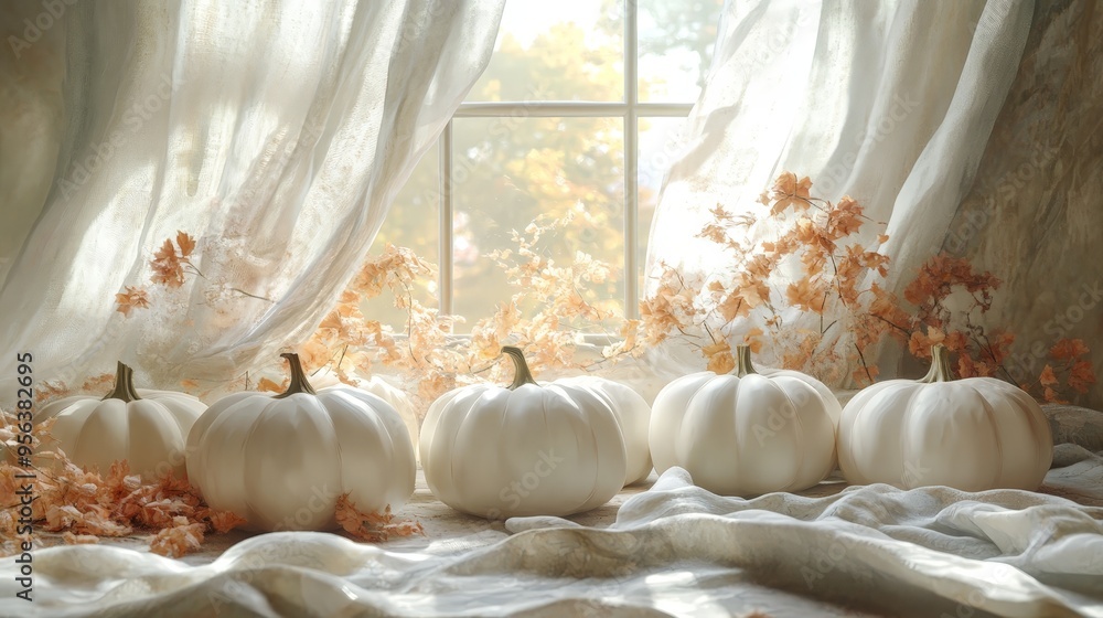 Watercolor White and Blue Pumpkins with Delicate Leaves and Flowers Watercolor White and Blue Pumpkins with Delicate Leaves and Flowers
