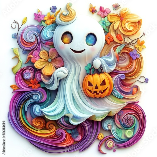 Enchanting 3D Claymation Ghost with Jack O' Lantern Head Surrounded by Whimsical Pastel Waves - Ultra HD Cartoon Animation