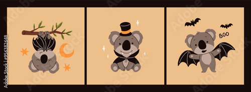Vector cartoon illustration of cute koala for kids. Koala in vampire costume, with bat wings for halloween, with crescent moon, stars, red potion bottle and teeth with blood.