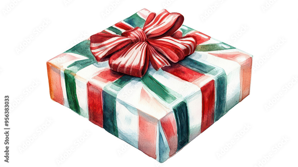 Fototapeta premium Festive gift box with red and green striped wrapping and a large red bow, perfect for holiday celebrations and special occasions.