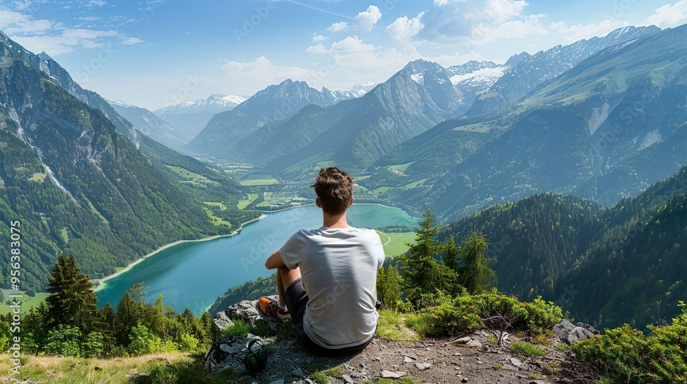 Hikers looking down from the mountain into the valley, portrait from behind Hikers looking down from the mountain into the valley, portrait from behind