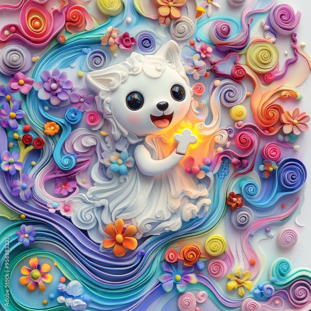 Enchanting Claymation Ghost Dog with Glowing Bone in Whimsical Anime Style Surrounded by Colorful Waves and Flowers Enchanting Claymation Ghost Dog with Glowing Bone in Whimsical Anime Style Surrounded by Colorful Waves and Flowers
