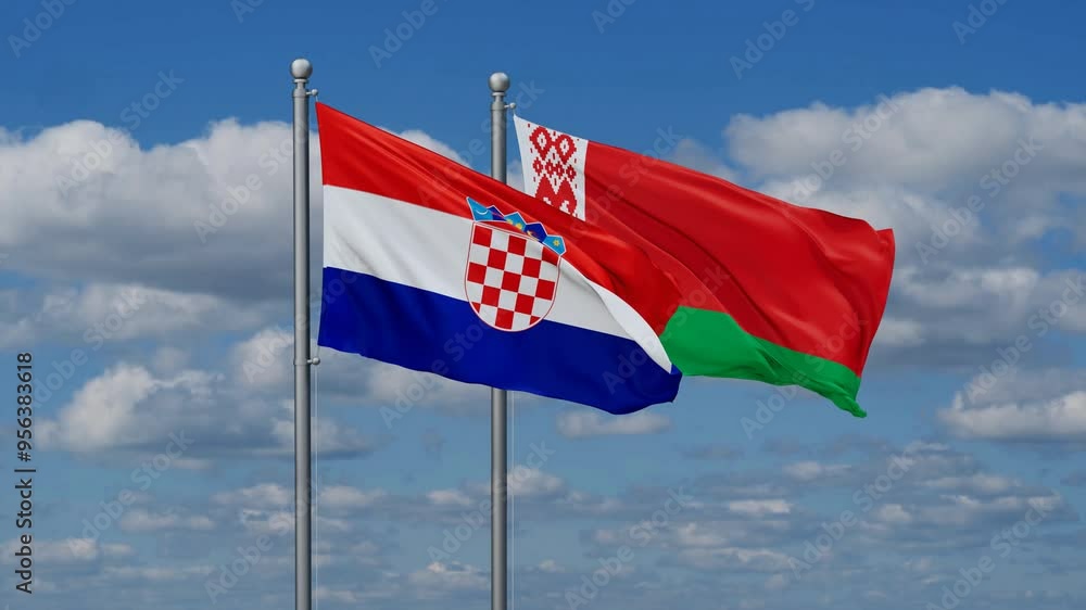 Belarus and Croatia flags flying together, video concept of the relationship, two country cooperation concept Belarus and Croatia flags flying together, video concept of the relationship, two country cooperation concept