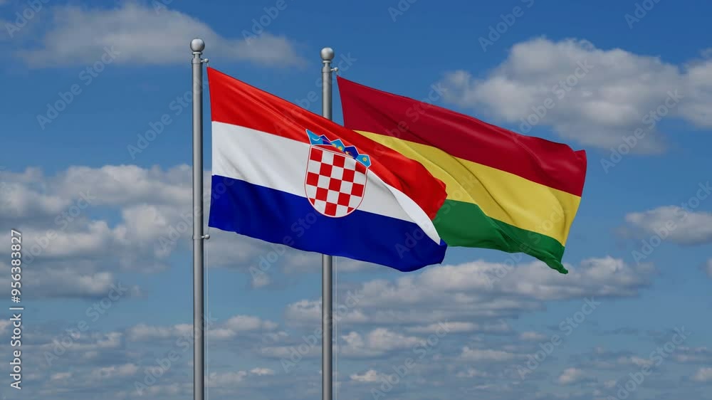 Bolivia and Croatia flags flying together, video concept of the relationship, two country relations concept Bolivia and Croatia flags flying together, video concept of the relationship, two country relations concept