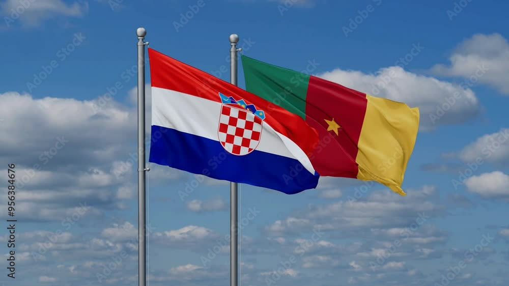 Cameroon and Croatia flags flying together, video concept of the relationship, two country relations concept Cameroon and Croatia flags flying together, video concept of the relationship, two country relations concept