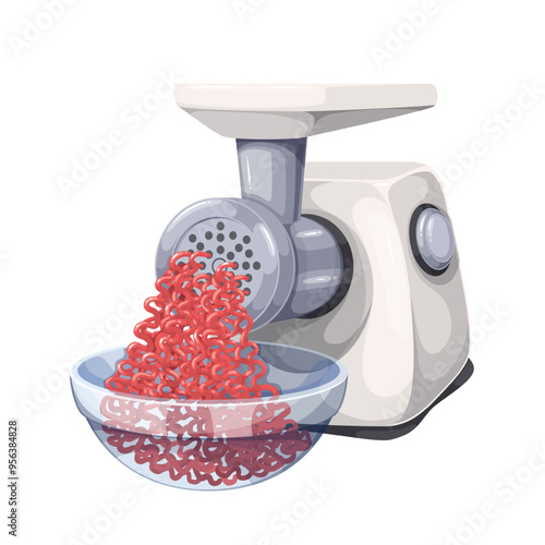 Making mincemeat with cartoon meat grinder. Grinding raw pork or beef into mince using kitchen electric appliance. Cooking process, food mascot, cartoon minced meat preparation vector illustration