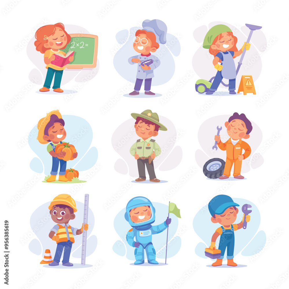 Child Profession Doing Different Job in Costume Vector Set Child Profession Doing Different Job in Costume Vector Set