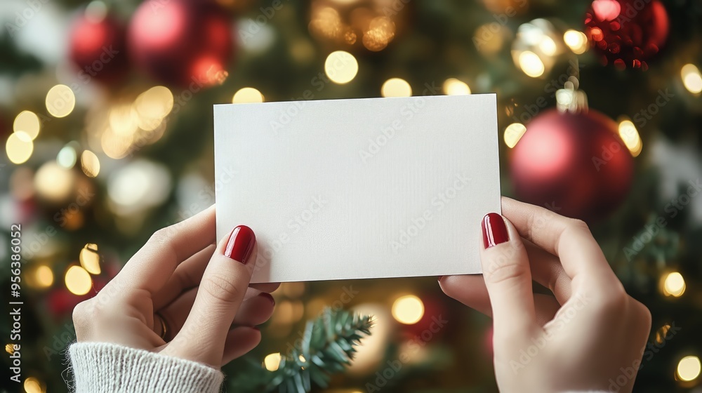 Hands Holding Blank Greeting Card Surrounded by Christmas Ornaments Hands Holding Blank Greeting Card Surrounded by Christmas Ornaments