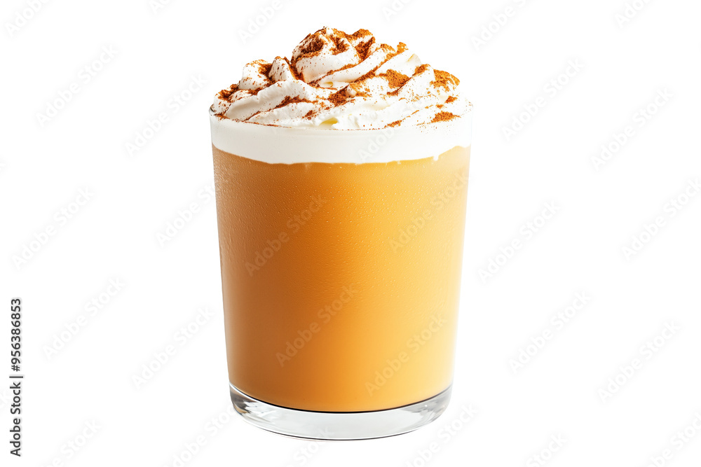A pumpkin spice latte topped with whipped cream and cinnamon sticks isolated on white transparent background. Halloween beverage concept A pumpkin spice latte topped with whipped cream and cinnamon sticks isolated on white transparent background. Halloween beverage concept