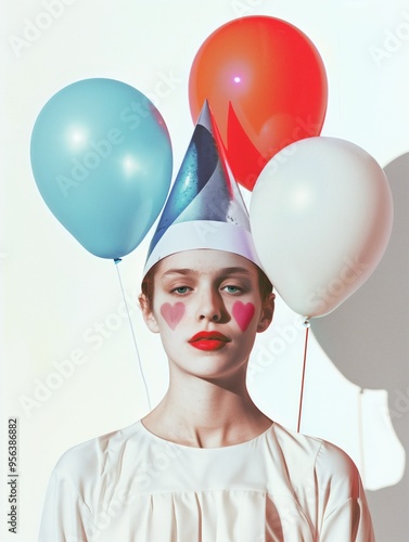 Pensive young woman wearing heart makeup and party hat with colorful balloons. photo