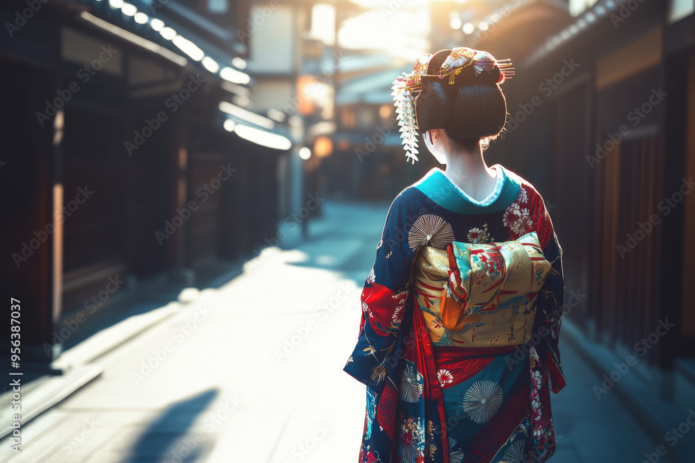 Fototapeta premium Geisha wearing a beautiful kimono is walking through an old, traditional japanese street in kyoto at sunset
