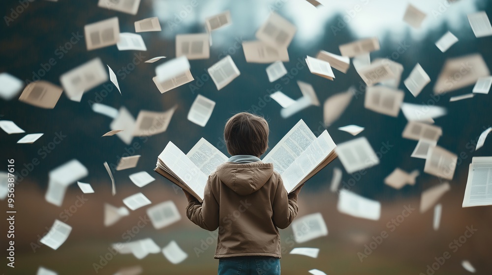 The Open Book: A young student stands amidst a flurry of pages, their arms outstretched holding open a book. The image is a captivating metaphor for the boundless possibilities of knowledge The Open Book: A young student stands amidst a flurry of pages, their arms outstretched holding open a book. The image is a captivating metaphor for the boundless possibilities of knowledge