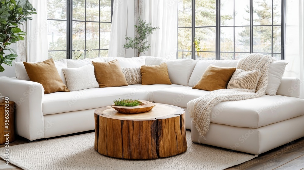 Obraz premium Modern Farmhouse Living Room Cozy Sectional Sofa, Wooden Coffee Table, And Large Windows.
