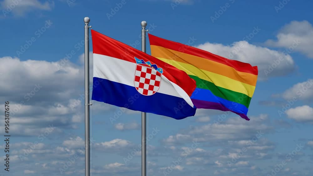 LGBT movement flag also Gay Pride and Croatia two flags waving cycle looped video, tolerance conception in country LGBT movement flag also Gay Pride and Croatia two flags waving cycle looped video, tolerance conception in country