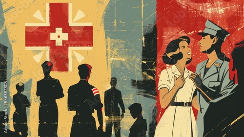 Vintage illustration of a nurse and a soldier reunited. photo