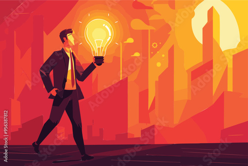 Innovative Businessman Carrying Bright Lightbulb Idea for Profitable Money-Making Venture