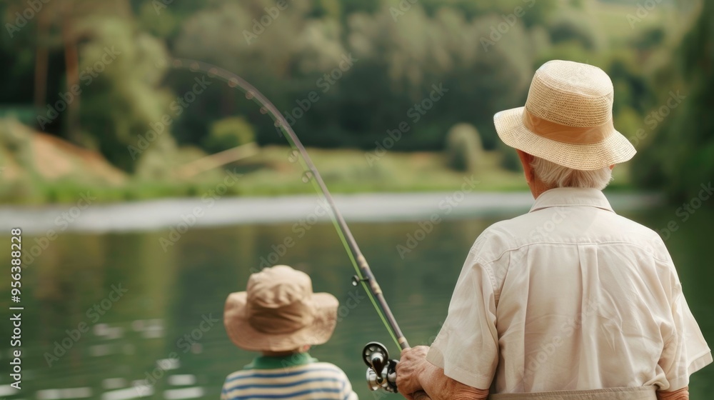 Grandparents and their grandchildren bonding over the timeless tradition of fishing on a tranquil lake passing on valuable skills and creating cherished family memories