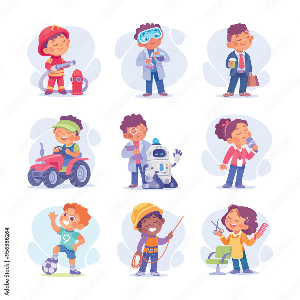 Child Profession Doing Different Job in Costume Vector Set Child Profession Doing Different Job in Costume Vector Set