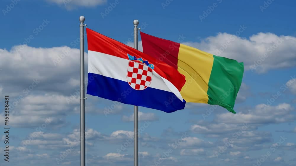 Republic of Guinea or Guinea-Conakry and Croatia flags flying together, video concept of the relationship, two country relations concept Republic of Guinea or Guinea-Conakry and Croatia flags flying together, video concept of the relationship, two country relations concept