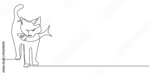 one continuous line cat eating fish.one line drawing of cat carrying fish in mouth.cat getting food.single line vector illustration.isolated white background