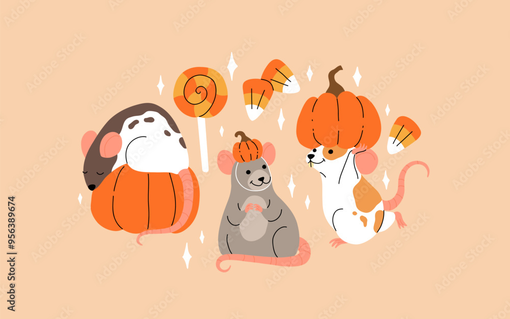 Obraz premium Vector set of mouse characters, Halloween kawaii cartoon style. Rats dressed up in pumpkin hat, Mouse with pumpkin and candies. Halloween and thanksgiving cartoon illustration