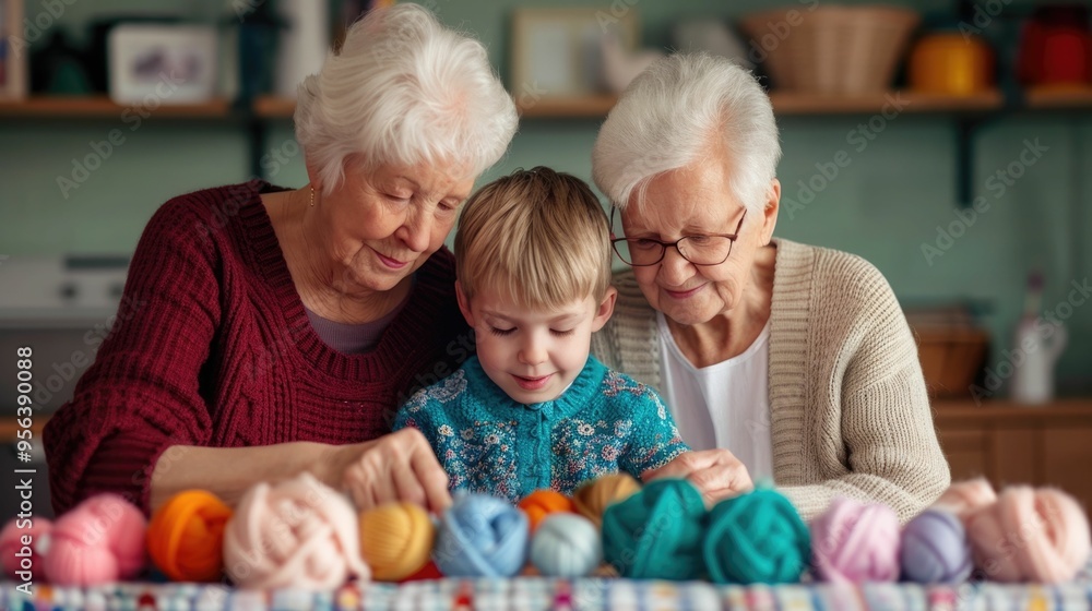 Obraz premium Grandparents teaching their grandchildren the traditional skills of knitting or sewing creating a heartwarming moment of family bonding and the passing down of cherished crafting traditions