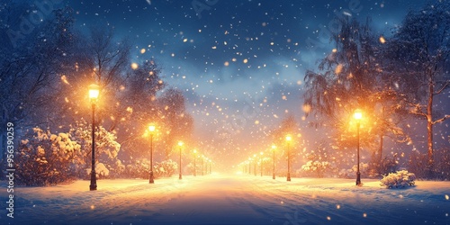 Magical Night Snowfall with Warm Streetlight Glow