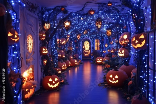 A hauntingly beautiful Halloween corridor adorned with glowing jack-o’-lanterns and illuminated by eerie blue lights. 